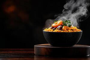 steaming bowl of flavorful rice with shrimp, beans, and herbs, showcasing rich culinary experience. warm colors and inviting aroma create delightful atmosphere photo