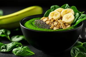 Fresh green smoothie bowl topped with banana, chia seeds, and granola, surrounded by spinach leaves and banana in background, creating vibrant and healthy breakfast option photo