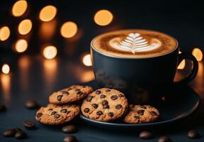 cup of cappuccino coffee with latte art and chocolate chip cookies, surrounded by warm candlelight, creates cozy atmosphere perfect for relaxation photo