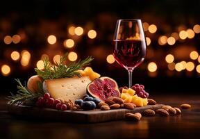 beautifully arranged culinary platter featuring various cheeses, nuts, and fruits, complemented by glass of red wine, creating warm and inviting atmosphere photo
