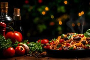 Delicious spaghetti with roasted vegetables and mushrooms, garnished with fresh basil, surrounded by vibrant tomatoes and herbs, creating warm and inviting atmosphere photo