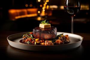 beautifully plated gourmet steak with butter, served with vegetables and glass of red wine, creating elegant dining experience photo