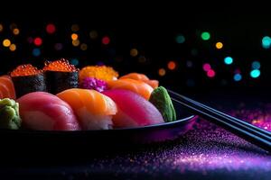 colorful plate of sushi featuring various types and colors, beautifully arranged with vibrant garnishes and blurred background of colorful lights, creating festive atmosphere photo