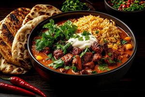 delicious bowl of chicken korma featuring spiced fillet meat, fragrant rice, and fresh herbs, served with naan bread and garnished with yogurt photo