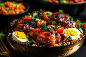 Delicious chicken drumsticks served with rice, boiled eggs, and fresh vegetables create vibrant and appetizing dish. Perfect for hearty meal photo