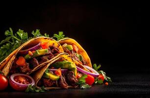 Delicious beef tacos with fresh vegetables, including avocado, tomatoes, and onions, garnished with herbs, perfect for flavorful meal photo