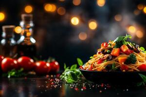 Delicious spaghetti with roasted vegetables and mushrooms, garnished with fresh herbs, set against blurred background of warm lights. Perfect for cozy dinner photo