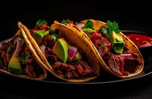 Delicious tacos filled with beef, avocado, and red onion, garnished with fresh cilantro, served with salsa on dark background photo