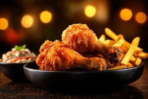 Crispy fried chicken drumsticks served with golden fries and coleslaw, creating delicious and satisfying meal. Perfect for comfort food lovers photo