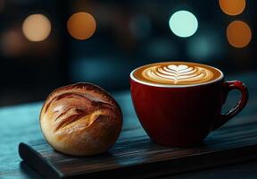 warm cappuccino with latte art beside fresh bread roll on wooden board, creating cozy atmosphere. Perfect for relaxing evening or coffee break photo
