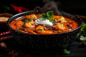bowl of Tom Yum Goong soup, traditional Thai dish, featuring shrimp, herbs, and spices, garnished with cilantro and dollop of cream, exuding warmth and flavor photo