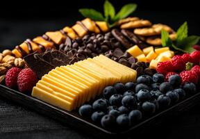 delicious cheese and fruit platter featuring various cheeses, chocolate, nuts, and fresh berries, perfect for gatherings and celebrations photo