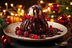 Decadent chocolate lava cake topped with vanilla ice cream, cherries, and chocolate sauce, perfect for festive celebrations photo