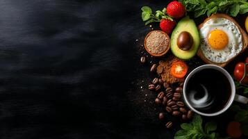 delicious breakfast spread featuring eggs, avocado, coffee, and fresh fruits. vibrant colors and textures create inviting and healthy meal experience photo
