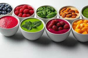 Smoothie bowls filled with vibrant fruits, nuts, and greens create colorful and healthy display. Perfect for nutritious breakfast or snack, these bowls are visually appealing and delicious photo