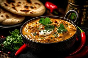 delicious bowl of chicken korma with spiced fillet meat, garnished with fresh herbs and served with naan bread and red chilies, creating vibrant and appetizing meal photo