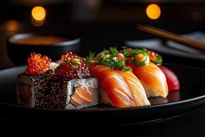 colorful plate of sushi featuring various types, including salmon, tuna, and roe, garnished with green onions and sesame seeds, perfect for delightful dining experience photo