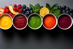 Colorful smoothies in small bowls with fresh fruits and herbs. vibrant display includes strawberries, raspberries, blueberries, bananas, and mint leaves, creating refreshing and healthy scene photo