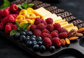 vibrant cheese and fruit platter featuring raspberries, blueberries, yellow fruit, and chocolate. Perfect for gatherings, this colorful arrangement is both delicious and visually appealing photo