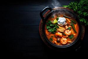 bowl of flavorful soup with shrimp, mushrooms, and lime, garnished with herbs and cream, evokes warmth and comfort. Perfect for cozy meal photo