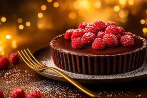 delicious round chocolate tart topped with fresh raspberries, set against warm, glowing background. Perfect for dessert lovers and special occasions photo