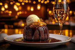 Decadent chocolate lava cake topped with vanilla ice cream and golden jelly, served on white plate. glass of sparkling wine adds elegance to warm, inviting atmosphere photo