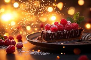 delicious chocolate tart topped with fresh raspberries, elegantly presented on dark plate. background features warm, sparkling ambiance, enhancing dessert appeal photo