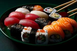 colorful plate of sushi featuring various types, including salmon, tuna, and rolls, elegantly arranged with chopsticks. Perfect for sushi lovers and food enthusiasts photo