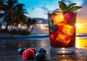 vibrant cocktail with ice cubes, blueberries, and raspberries, set against stunning sunset by beach, evokes refreshing and tropical vibe photo