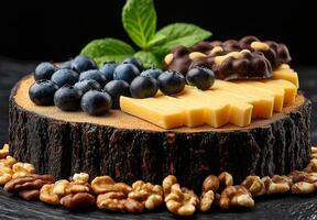 Delicious cheese and fruit platter featuring blueberries, nuts, and chocolate. Perfect for gatherings, this arrangement showcases rustic wooden base and vibrant colors photo