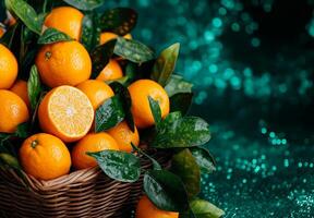 basket of fresh tangerines with green leaves on sparkling background. vibrant oranges and cut fruit showcase their juicy texture, creating lively and refreshing scene photo