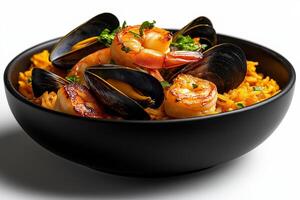 black bowl filled with vibrant yellow paella, featuring succulent shrimp and mussels, garnished with fresh herbs, creating delicious and inviting dish photo