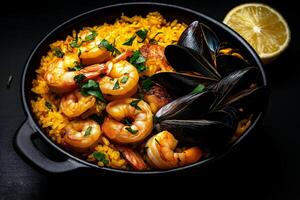 black bowl filled with vibrant yellow paella, featuring shrimp, mussels, and fresh herbs, garnished with lemon wedge, creating delicious and inviting dish photo