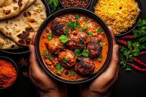 delicious bowl of chicken korma with golden brown sauce, garnished with fresh herbs, served alongside naan bread, rice, and spices, creating vibrant and flavorful meal photo