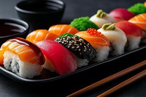 colorful plate of sushi featuring various pieces, including salmon, tuna, and vegetables, beautifully arranged with dipping sauces. Enjoy vibrant flavors photo