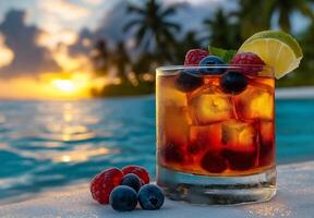 refreshing cocktail with ice cubes, blueberries, and raspberries, set against stunning sunset by poolside, evokes sense of relaxation and enjoyment photo