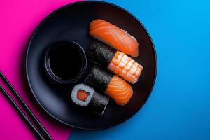 colorful plate of sushi featuring various types, including salmon and shrimp, served with soy sauce on vibrant blue and pink background photo
