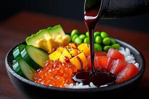 vibrant sashimi bowl featuring fresh ingredients like avocado, cucumber, and salmon, drizzled with savory sauce. This colorful dish is perfect for sushi lovers photo