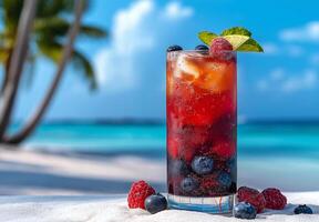 refreshing cocktail with ice cubes, blueberries, and raspberries, set against tropical beach backdrop. vibrant colors and serene atmosphere evoke sense of relaxation and enjoyment photo