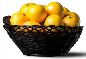 wicker basket filled with bright yellow lemons, showcasing vibrant and fresh appearance. contrast of lemons against dark basket creates appealing visual photo