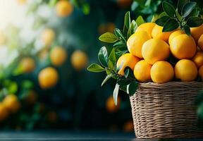 wicker basket filled with fresh oranges and green leaves, creating vibrant and inviting scene. background features blurred orange trees, enhancing natural feel photo