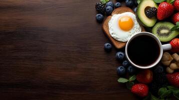 delicious breakfast spread featuring eggs, avocado toast, fresh fruits, and coffee, creating vibrant and healthy morning meal photo