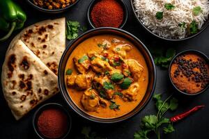 delicious bowl of chicken korma with golden brown sauce, served with rice, naan, and spices, creating vibrant and flavorful meal experience photo