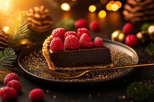 delicious chocolate tart topped with fresh raspberries, elegantly presented on black plate. warm glow of festive lights and pinecones creates cozy atmosphere, perfect for celebrations photo