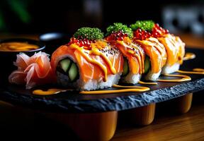 Delicious sushi rolls with salmon, avocado, and cucumber, garnished with vibrant toppings, served on black plate. perfect blend of flavors and colors for sushi lovers photo