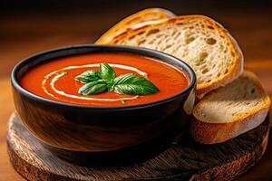 bowl of tomato soup garnished with fresh basil, served with slices of toasted bread. rich color and creamy texture create comforting and inviting meal experience photo