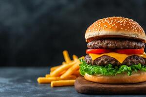 Giant hamburger with lettuce, tomato, and cheese, served with fries. This delicious meal is perfect for satisfying cravings and enjoying hearty bite photo
