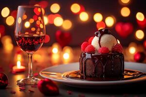 Decadent chocolate lava cake topped with vanilla ice cream and fresh raspberries, paired with glass of sparkling red beverage, creates romantic ambiance with heart shaped decorations photo