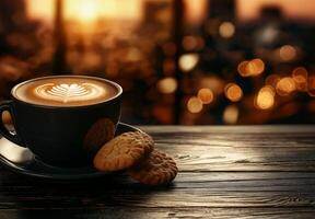 cup of cappuccino coffee with latte art and cookies on wooden table, set against blurred cityscape background. warm colors create cozy atmosphere photo