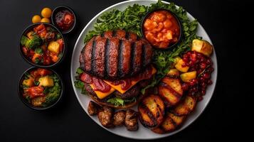 delicious burger served on white plate with grilled vegetables, fruits, and sides, creating vibrant and appetizing meal photo